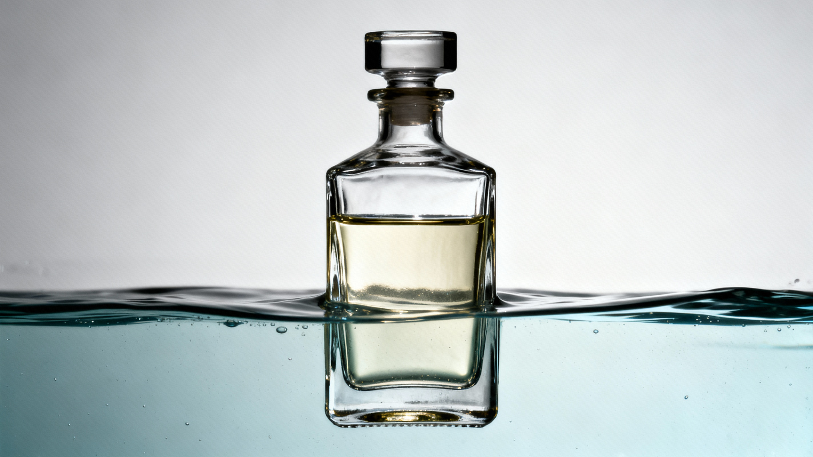 A glass decanter showing pure gum spirit turpentine separating into a clear layer above water after condensation.