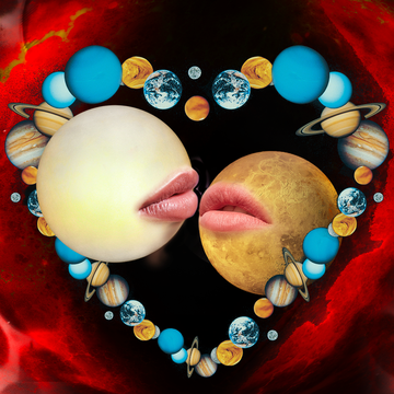 birth chart compatiblity two planets kiss inside a heart, also made of planets