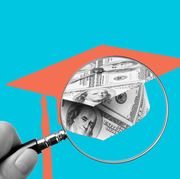 design of hand holding magnifying glass above illustration of graduation cap on blue background revealing hundred dollar bills design of hand holding magnifying glass above illustration of graduation cap on blue background revealing hundred dollar bills